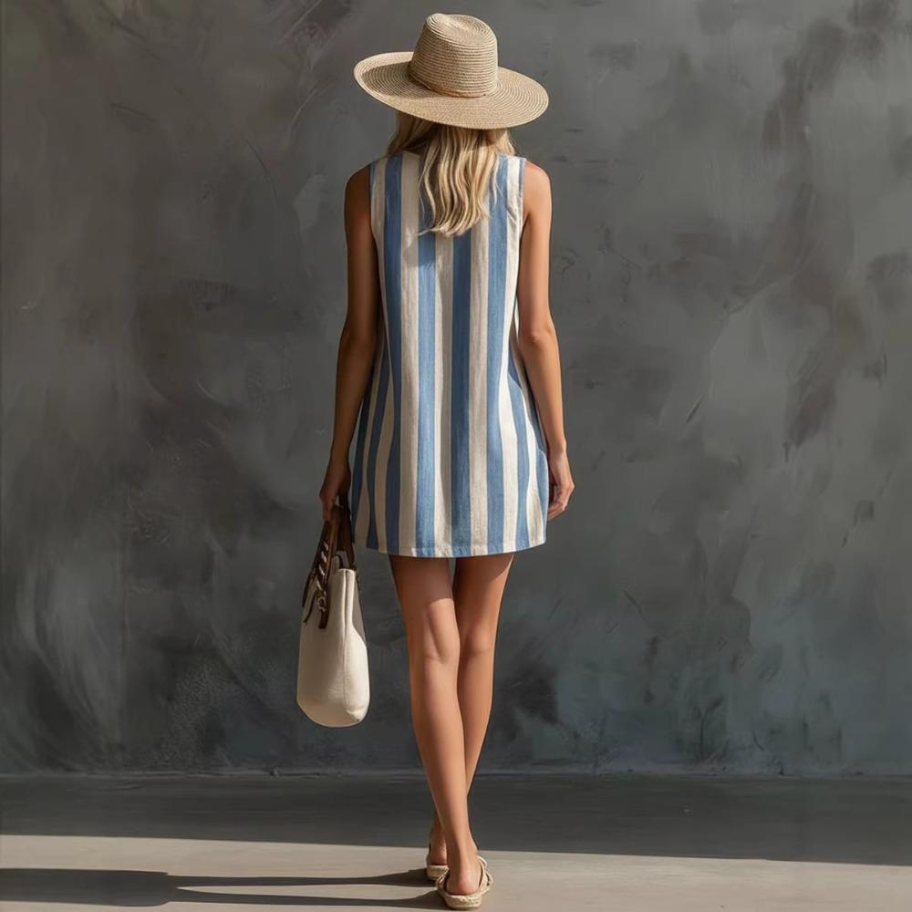 Vintage Striped Mini Dress, Round Neck Sleeveless Women Dress