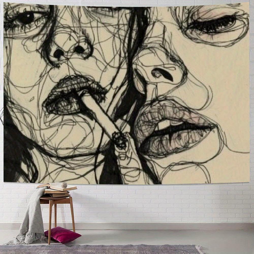 Woman Smoking Line Art Tapestry, Minimalist Wall Hanging For Bedroom Living Room Dorm Multi-Size Home Decor Accessories