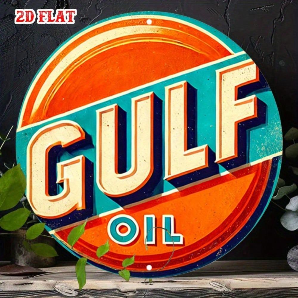 Vintage Metal Tin Sign Round Gulf Oil Brand Wall Art Garage Cafe Decor