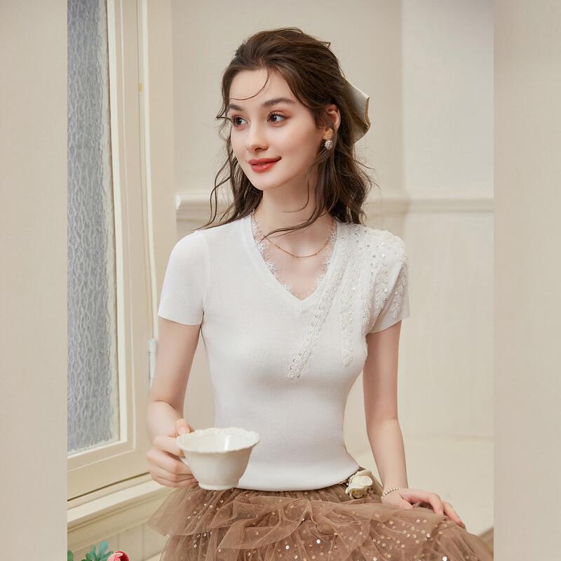 Women's V-Neck Lace & Sequin Knit Top