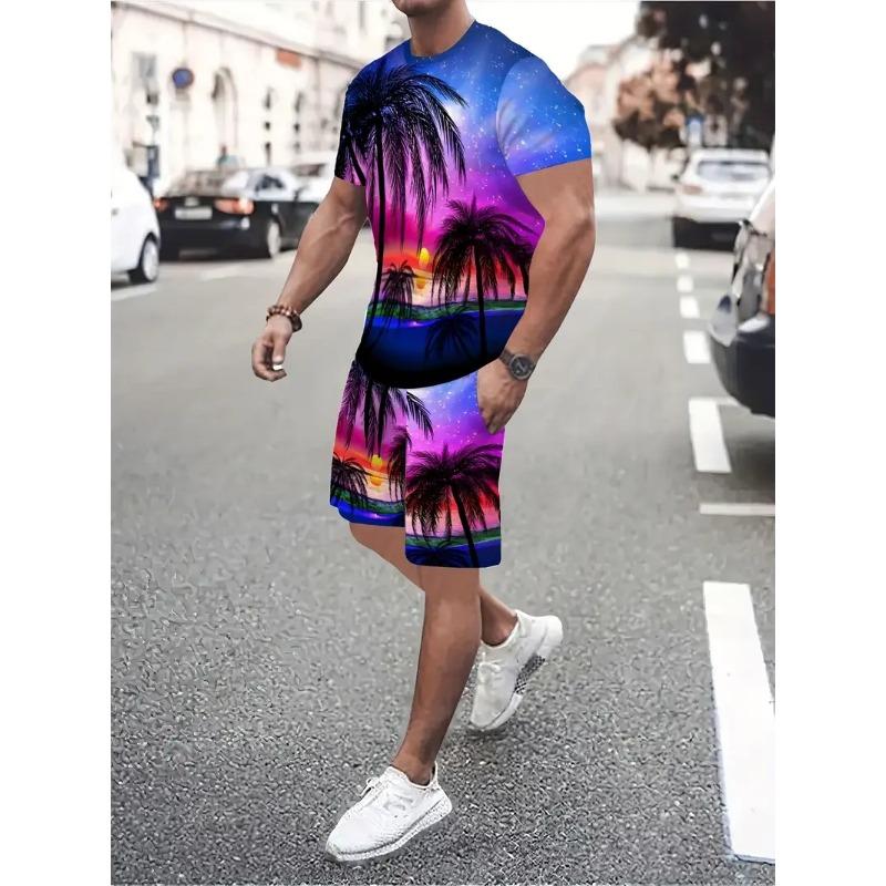 New Hawaiian Men's Beach T-shirt Shorts 2-piece Set Coconut Print Short Sleeve and Shorts Clothing Summer Holiday Men's Clothing