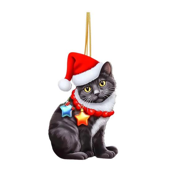 Christmas Cat Ornament Cartoon Cat with Santa Hat Pendant 2D Flat Acrylic Christmas Tree