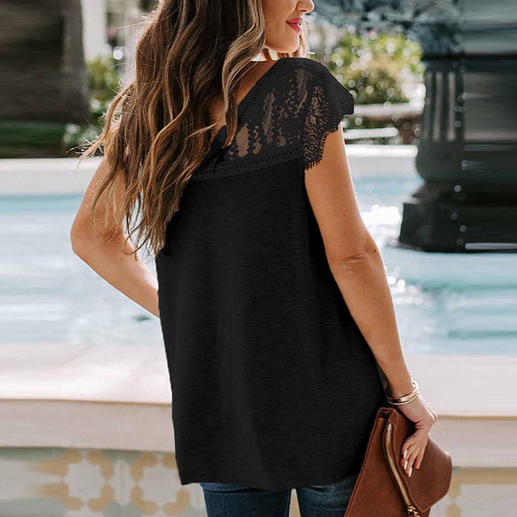 Women's Fashion Elegant V-neck Lace Printed Short Sleeve Casual Loose Cool Top
