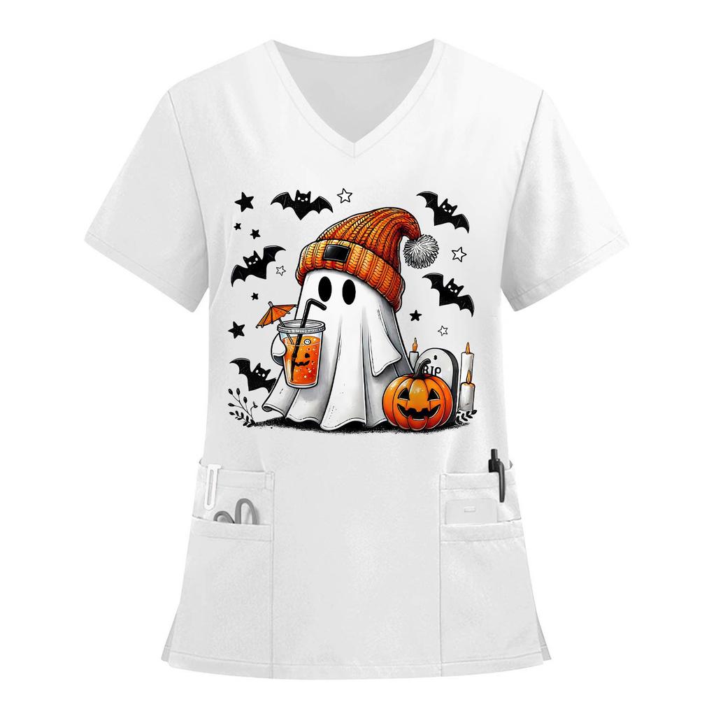 Women's V-neck Halloween Printed Short-sleeved Pocket Side-slit Protective Suit Top