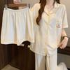 Cute cartoon summer pajamas women's simple jacquard imitation cotton short-sleeved student thin loungewear three-piece set