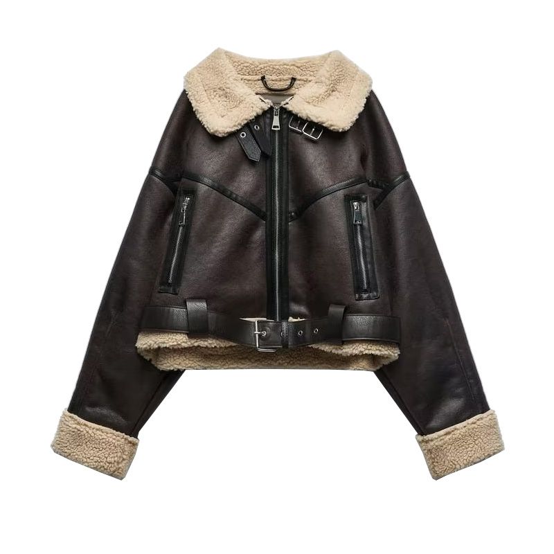 

Осень и Зима Новое Поступление Мода Инста-стиль с Поясом Флис из Овечьей Шерсти Двусторонний Короткий Жакет 8073265 Brown XS