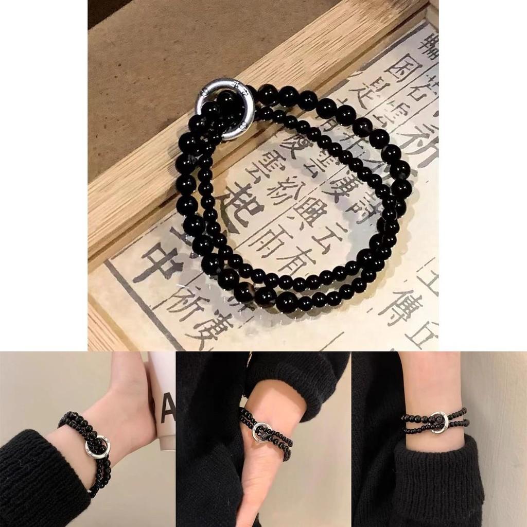 Black Unisex Elegant Beaded Double Circle Bracelet Trendy Retro Jewelry Artistic