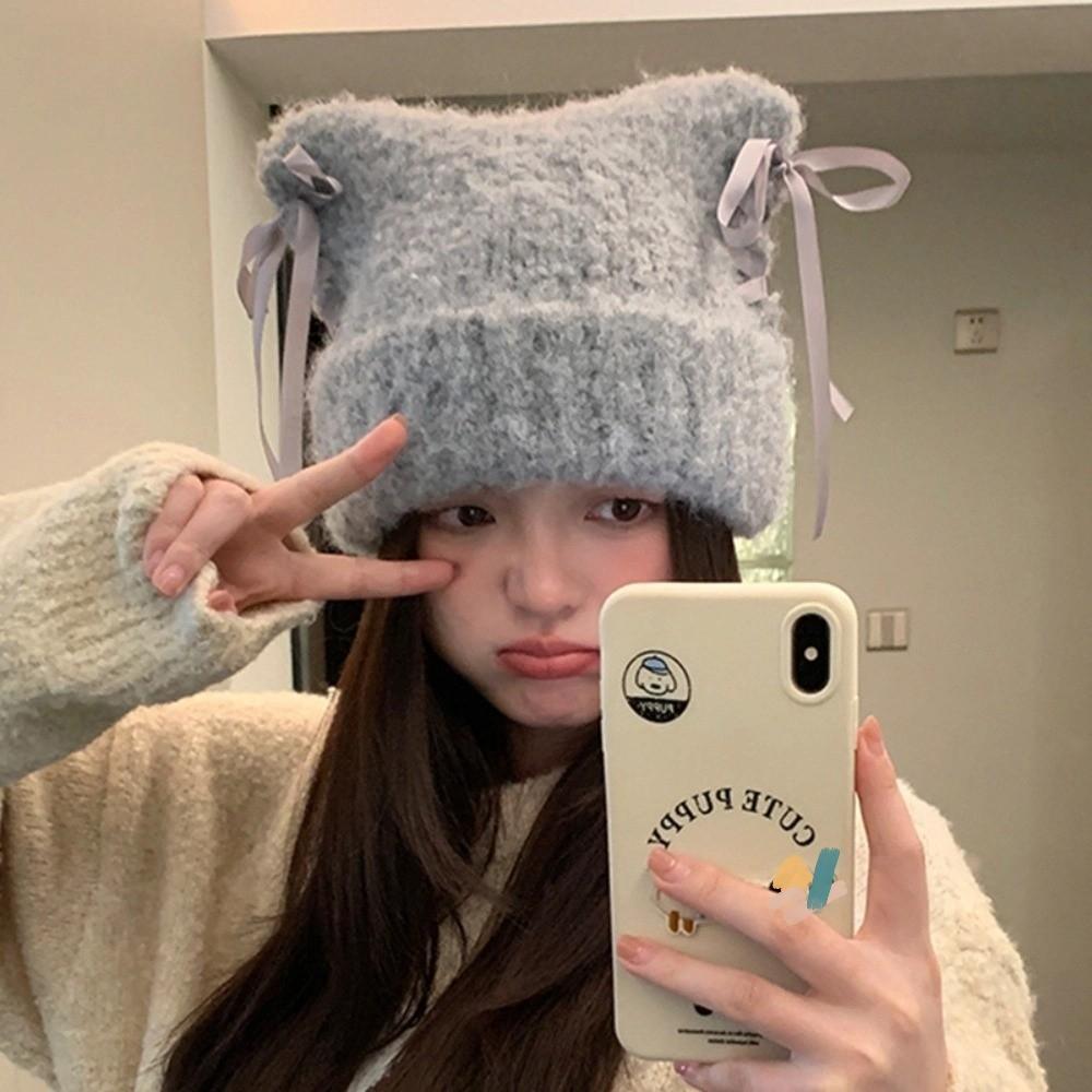 Sweet Bow Ribbon Pullover Hat Windproof Plush Beanie Fashionable Knitted Beanie  for Women Girl