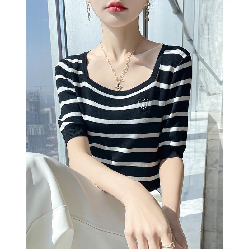 Women's Striped Ice Hemp Square Neck Knit Top