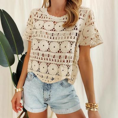Fashion Ladies One Size Short Sleeve Solid Color Hollow Out Knitted Pullover Cover-up Blouse Top