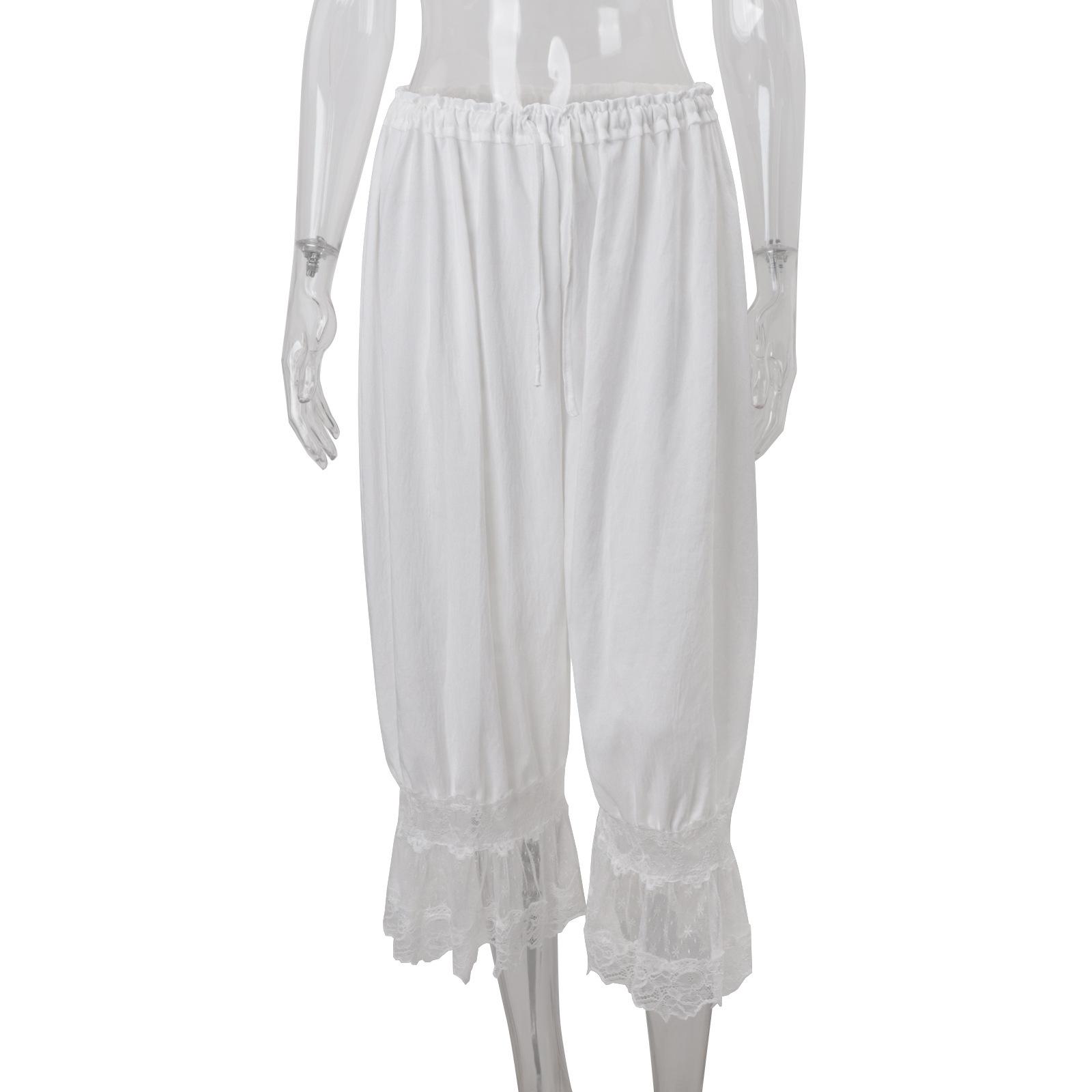 White High Waist Wide Leg Pants with Lace Trim S белый