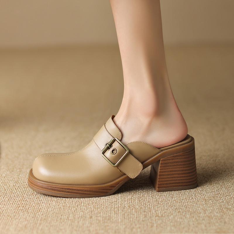 Retro Outer Wear Thick-soled Bag Head Half Slippers Women's Belt Buckle Lazy Sandals Thick Heel Non-slip Muffin Bottom Apricot Single Shoes