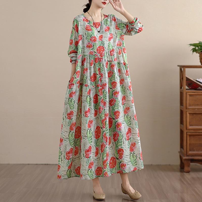 Long Sleeve Plus Size Cotton Vintage Floral New In Dresses for Women Casual Loose Spring Summer Autumn Dress