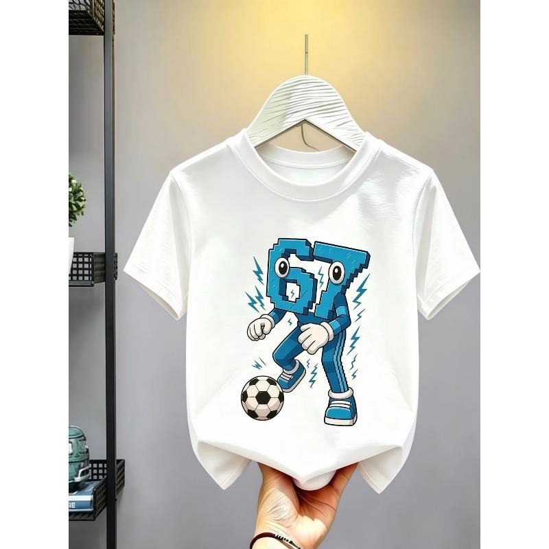 Kids Crewneck Short Sleeve T-Shirt, Creative Blue Drip Number Football Print 110 белый