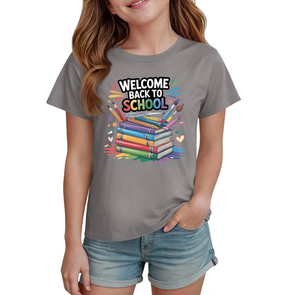 Kids Short Sleeve T Shirt Casual Crew Neck Tee Top Children Back to School Graphic Printed Lightweight Comfortable Summer Wear