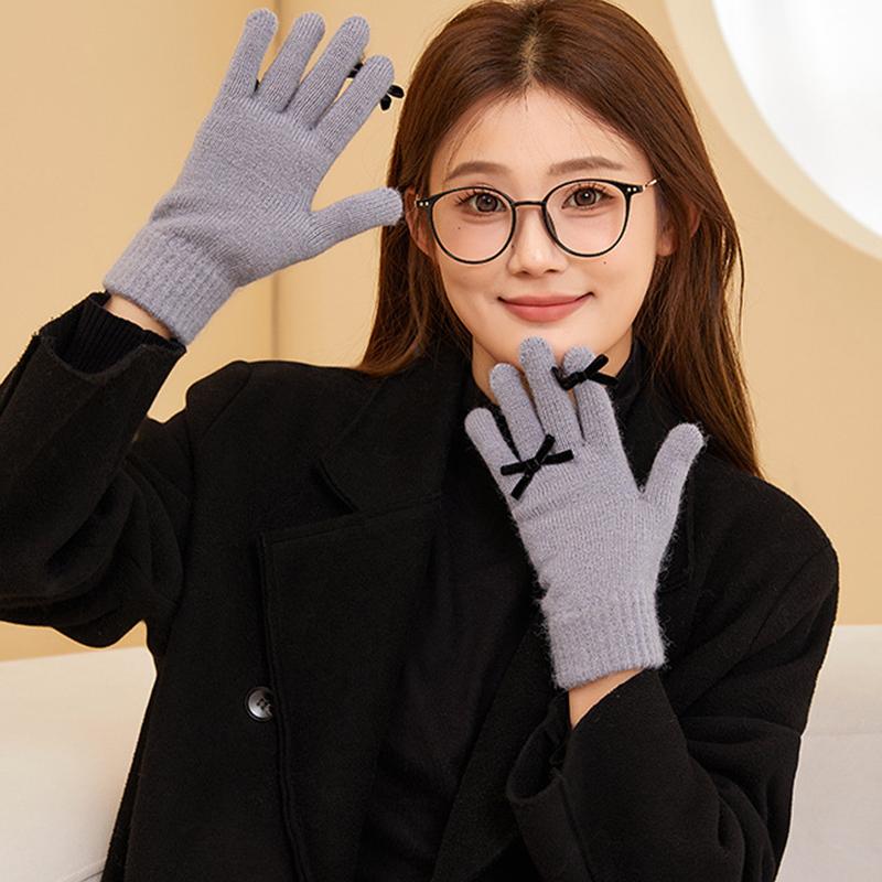 Five-finger Solid Color Warm Knitted Gloves for Women Bow-knot Cold-proof Gloves
