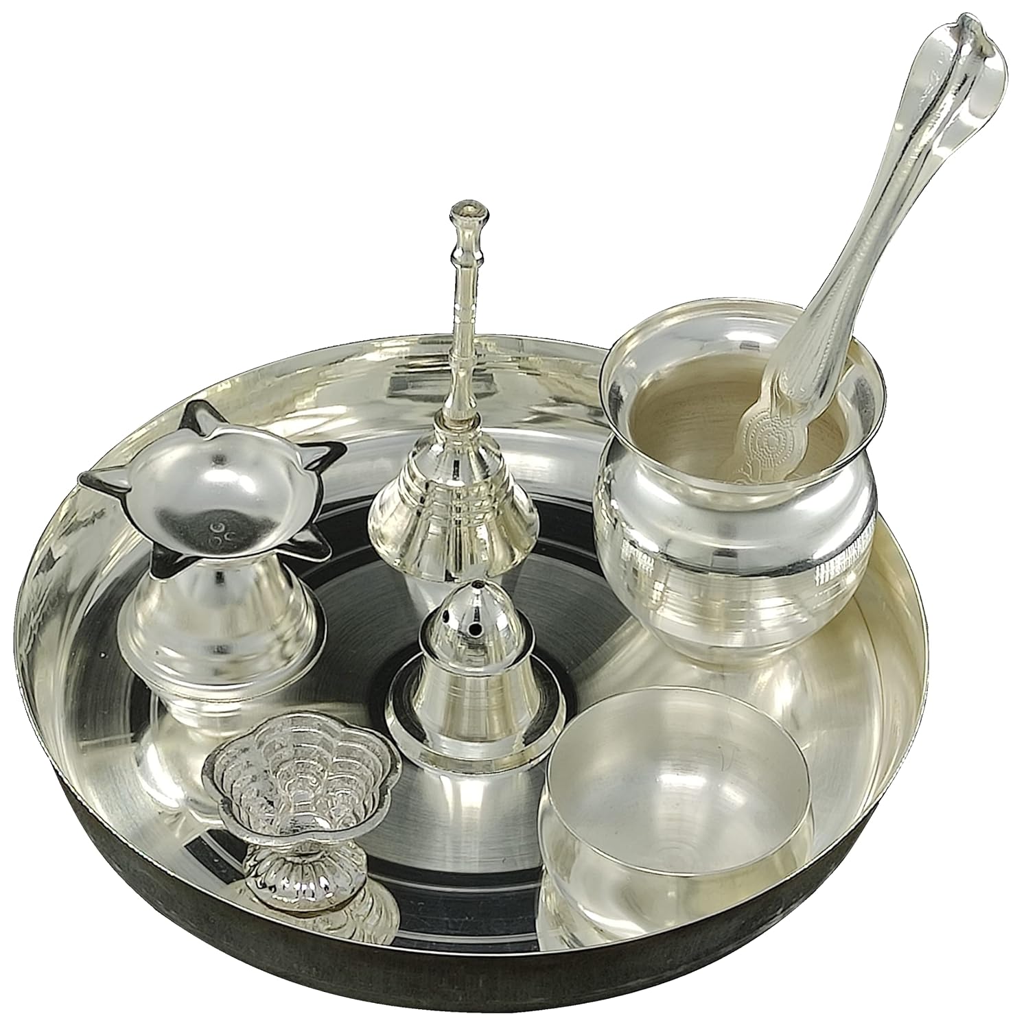 Silver Plated Pooja thali Set 17.78 CM Festival Ethnic Puja Thali Items for Diwali Daily Home Mandir Office Wedding Return Gift