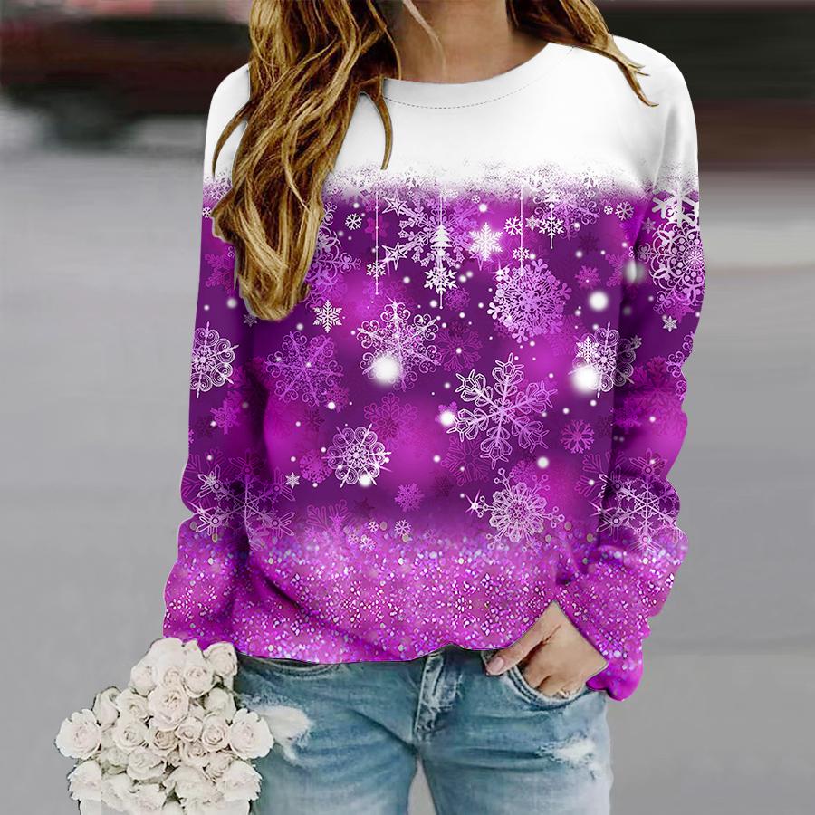 Tops For Women Beautiful Snowflakes Print Round Neck Long Sleeve T-shirt Fall Casual Slim Pullover Women's Long Sleeve Top
