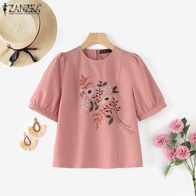 Lässiges Kleid mit O-Ausschnitt und Blumenstickerei, kurzärmelig für Damen