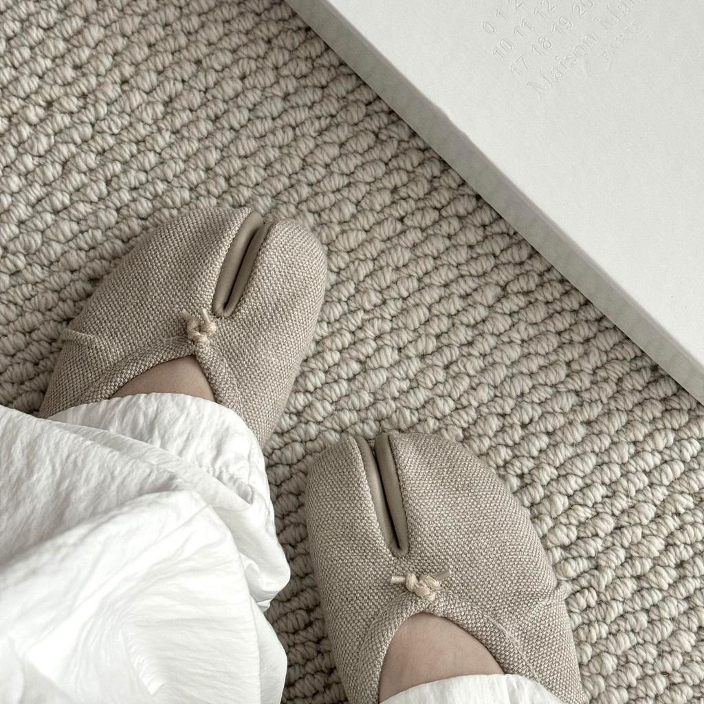 Cowhide version~ pleated linen leather soft-soled split-toed shoes women's canvas Mary Jane flats pig's trotters single shoes ladyshoes