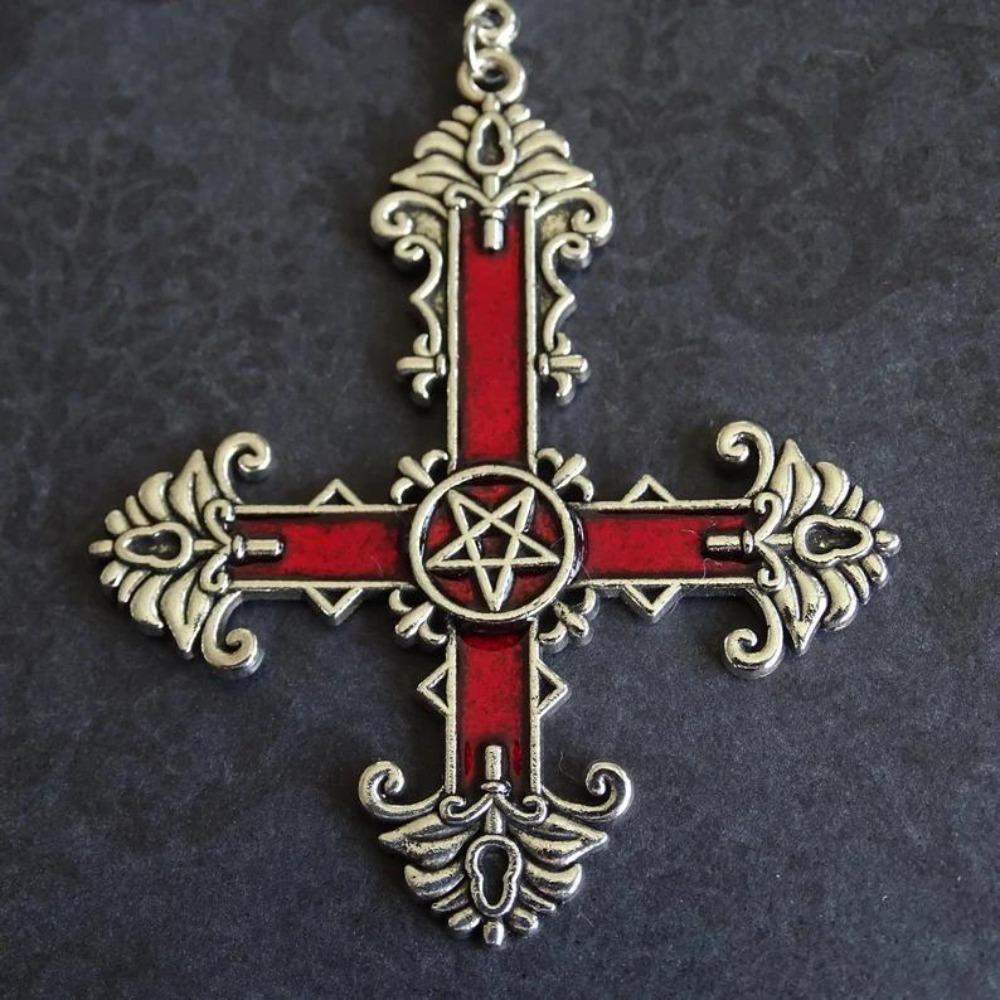Retro Fashion Ancient Silver Carved Five-pointed Star Symbol Cross Pendant Necklace for Men Women Halloween Exquisite Jewelry