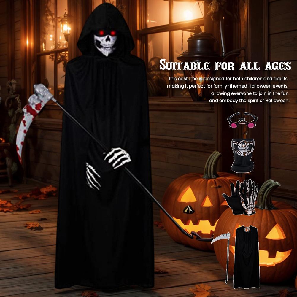 5PCS set Halloween Party Role Playing Kid Adult Death Black Cloak Halloween Skull Luminou Glasses/Mask Costume Prop Holiday Gift
