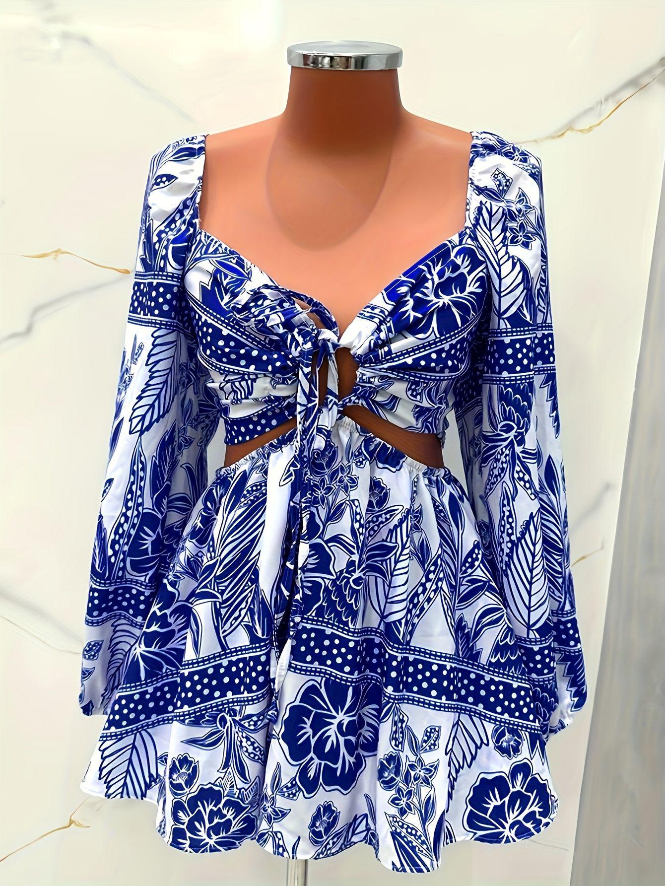 Blue Patchwork Printed Long-Sleeve Elegant Women s Dress XL синий