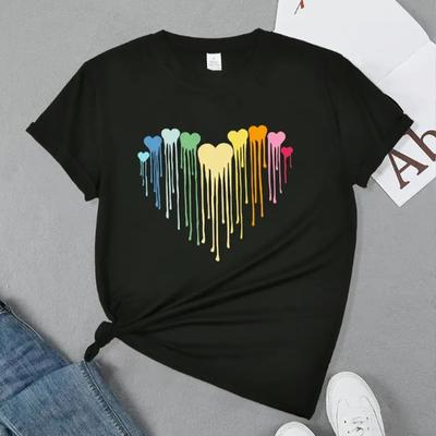 Mode Damen Farbiges Herz Print T-Shirt Lustig Lässig O-Ausschnitt Kurzarm T-Shirt Sommer Damen T-Shirt