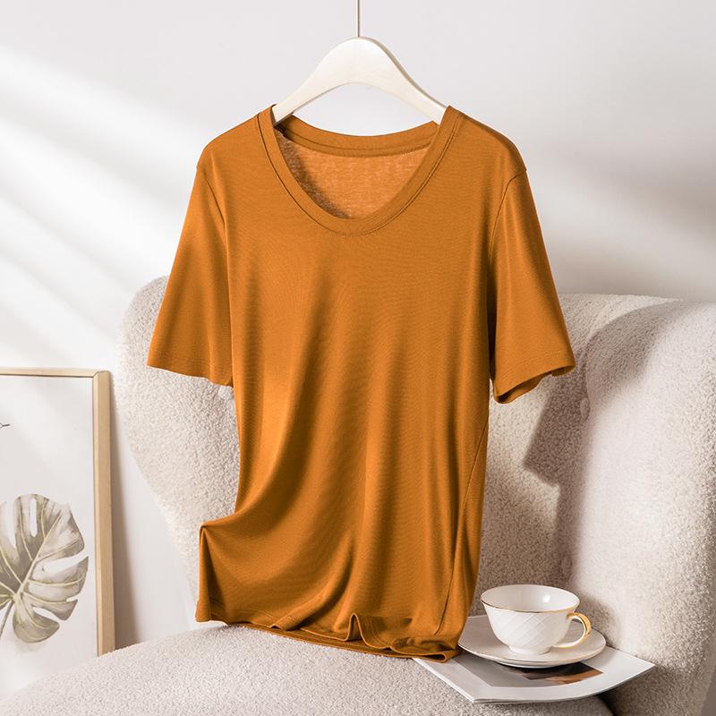 2026 Hangzhou Women's Mulberry Silk Lyocell U-Neck Tee - Lightweight, Breathable, Short-Sleeved Summer Fashion