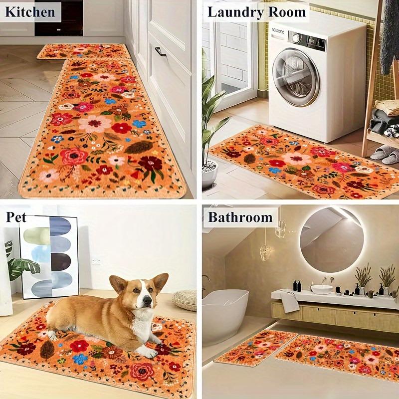 1PC Yellow Floral Pattern Kitchen Rug Non-Slip Door Mat Pop Design Bathroom Rug Bath Mat Carpet for Home Sink Laundry Decor