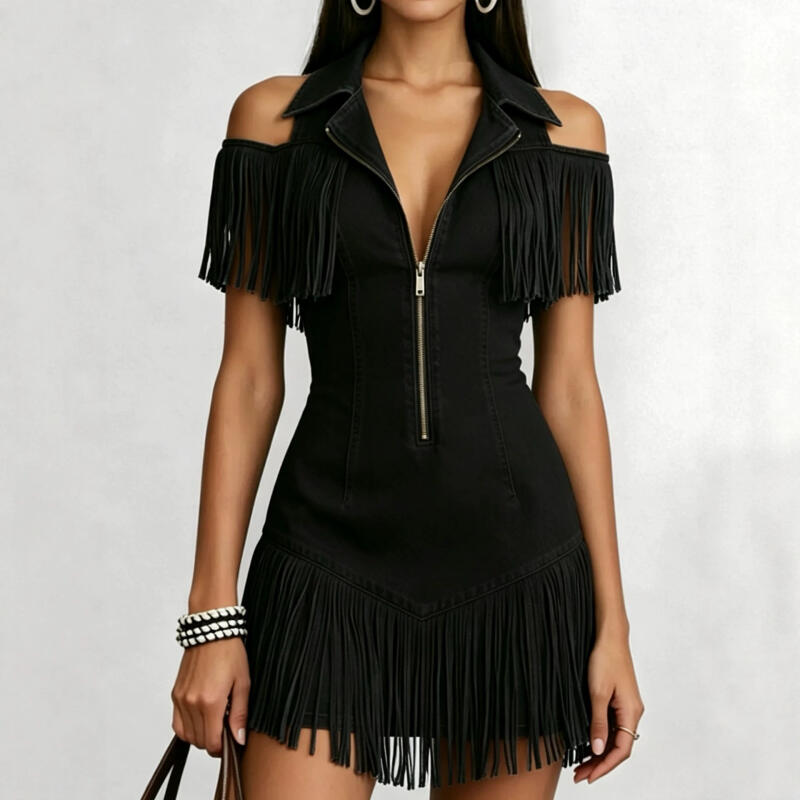 Damen Sexy Reißverschluss Vorne Umlegekragen Minikleid Frühling Hohl Off-Shoulder Quaste Partykleid Sommer Jeanskleid
