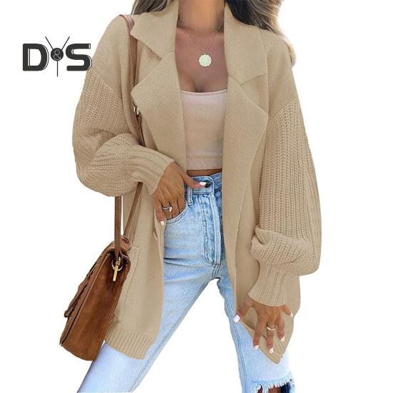 Women Suit Coat Suit Lapel Long Sleeve Solid Color Knitting Coat with Pockets Loose Fit Single Button Sweater Coat