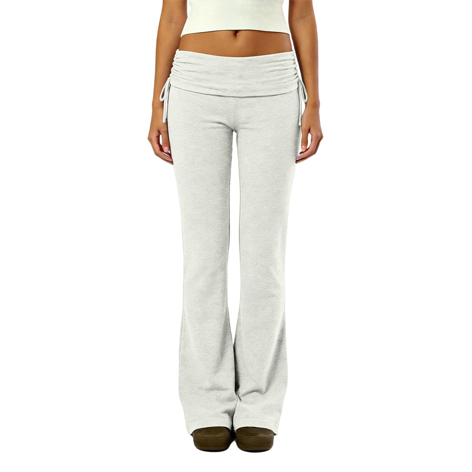 

Women High Waist Drawstring Fold Over Waist Outdoor Fitness Capri Pants Slim Fit Casual Stretchy Seven Eighths Length Trousers M белый