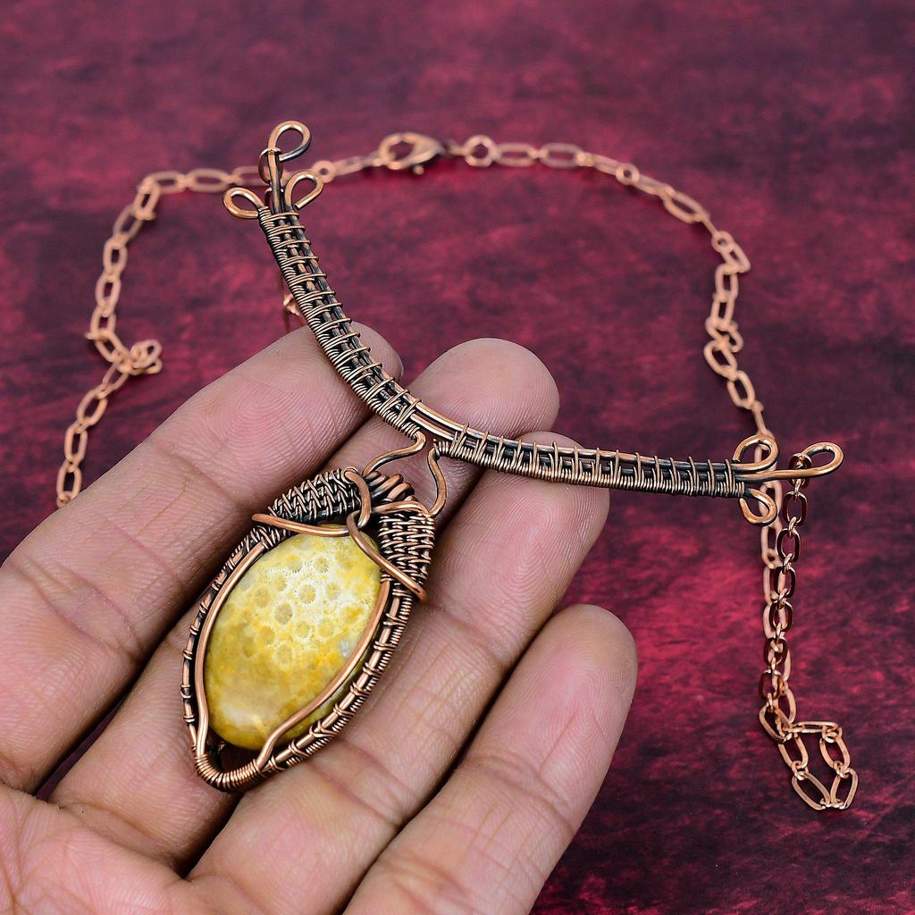Fossil Coral Gemstone Necklace Copper Wire Wrapped Adjustable Chain Necklace