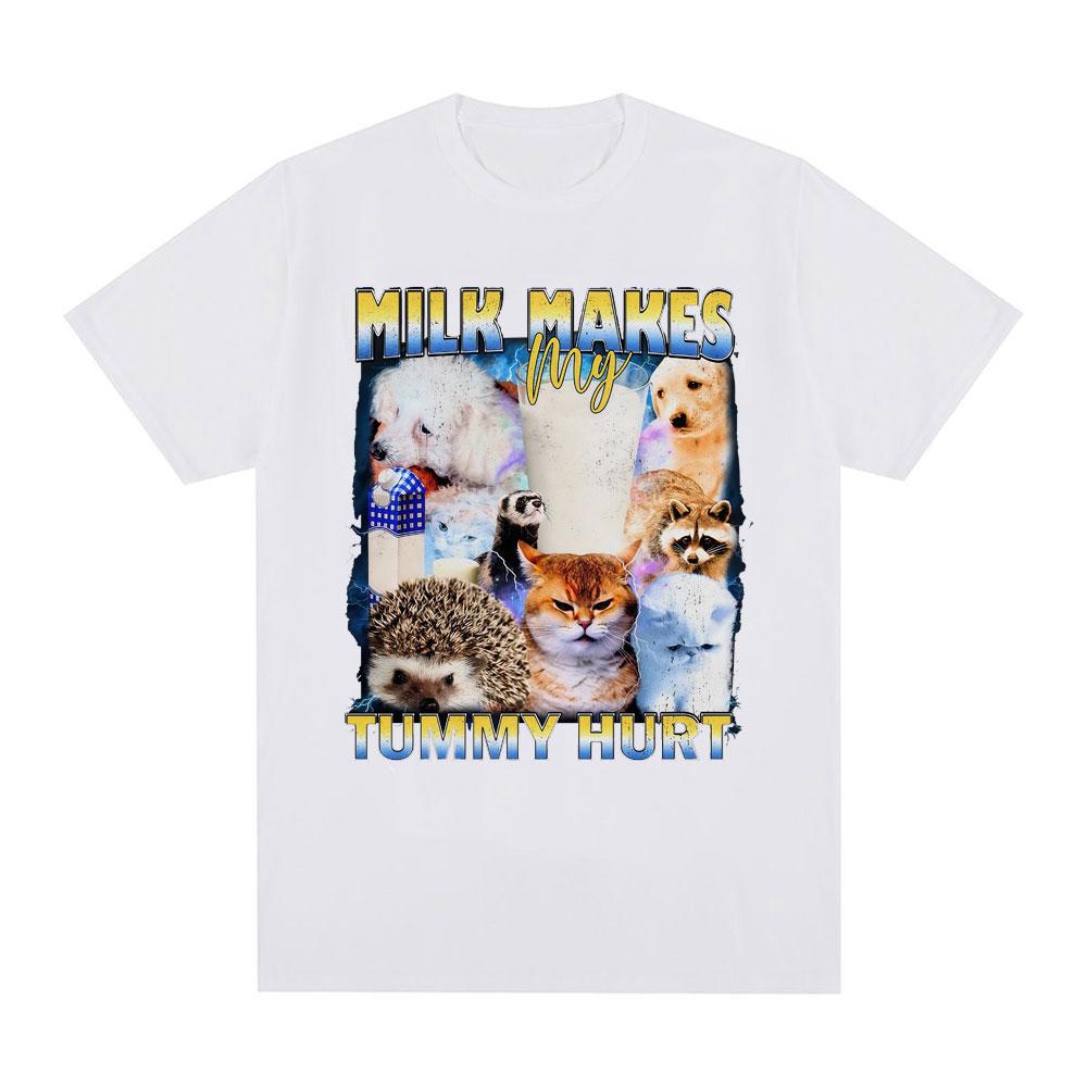 Milk Makes My Stomach Ache Funny Cat Tshirt Summer Casual Cotton Tshirt for Men Women Fashion Harajuku Street Wear Y2K Tshirt