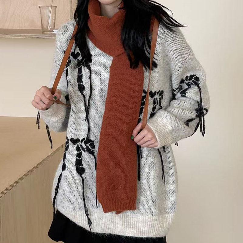 2025 Autumn/Winter Women's Loose Knit Bow Sweater with Round Neck