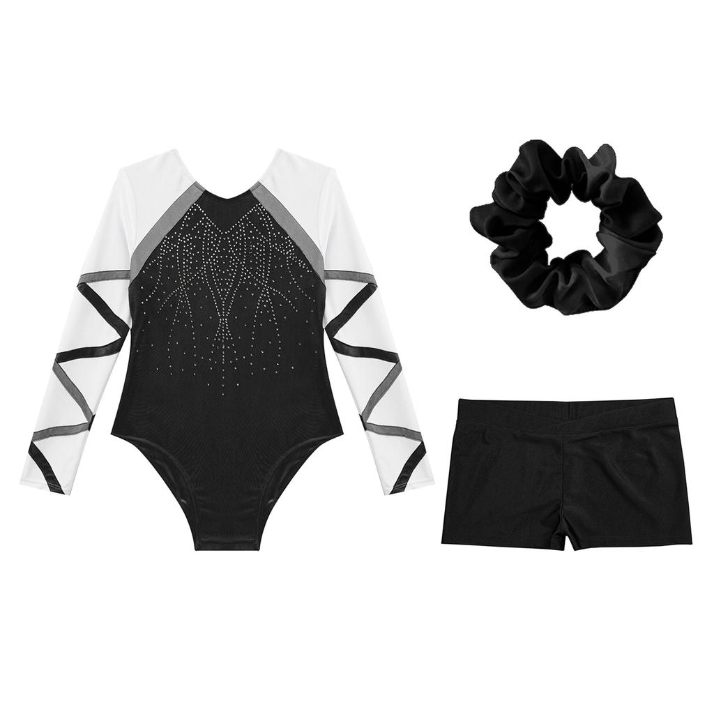 Dziewczęcy 3-częściowy strój do tańca, błyszczący trykot z długim rękawem, spodenki z przodu w kształcie litery V, opaska do włosów na zawody gimnastyczne