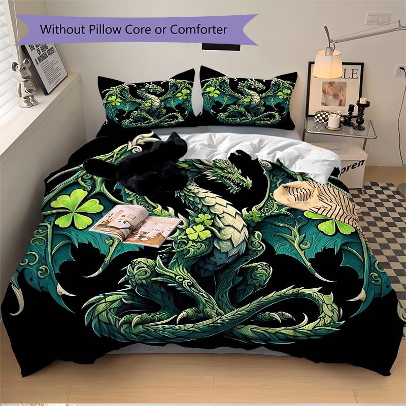 3pcs Green Clover Dragon Bedding Set 1 Soft Quilt Cover + 2 Pillowcases,  Suitable for All Seasons.J062