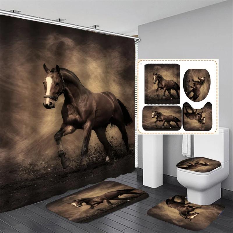 Horse Printed Shower Curtain Set Waterproof Bathroom With Hooks Sets And Rugs Home Decor