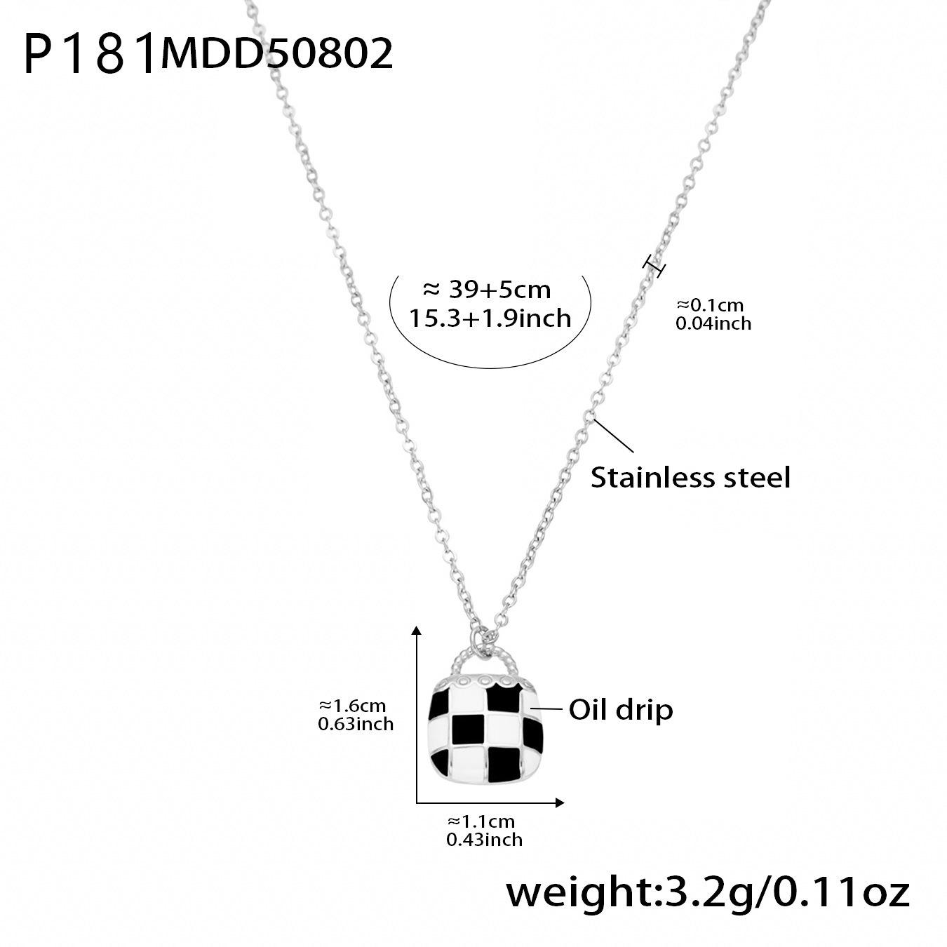 Qiong Yao Natural Stone Oval Pendant Necklace with Black & White Plaid Handbag and Titanium Steel Chain