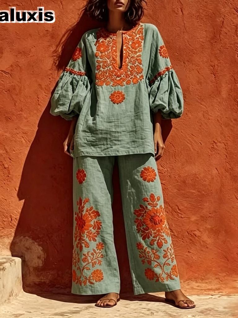 Ensemble Bohème Imprimé Coton Lin pour Femme Manches Larges Pantalon Large Tenue Deux Pièces