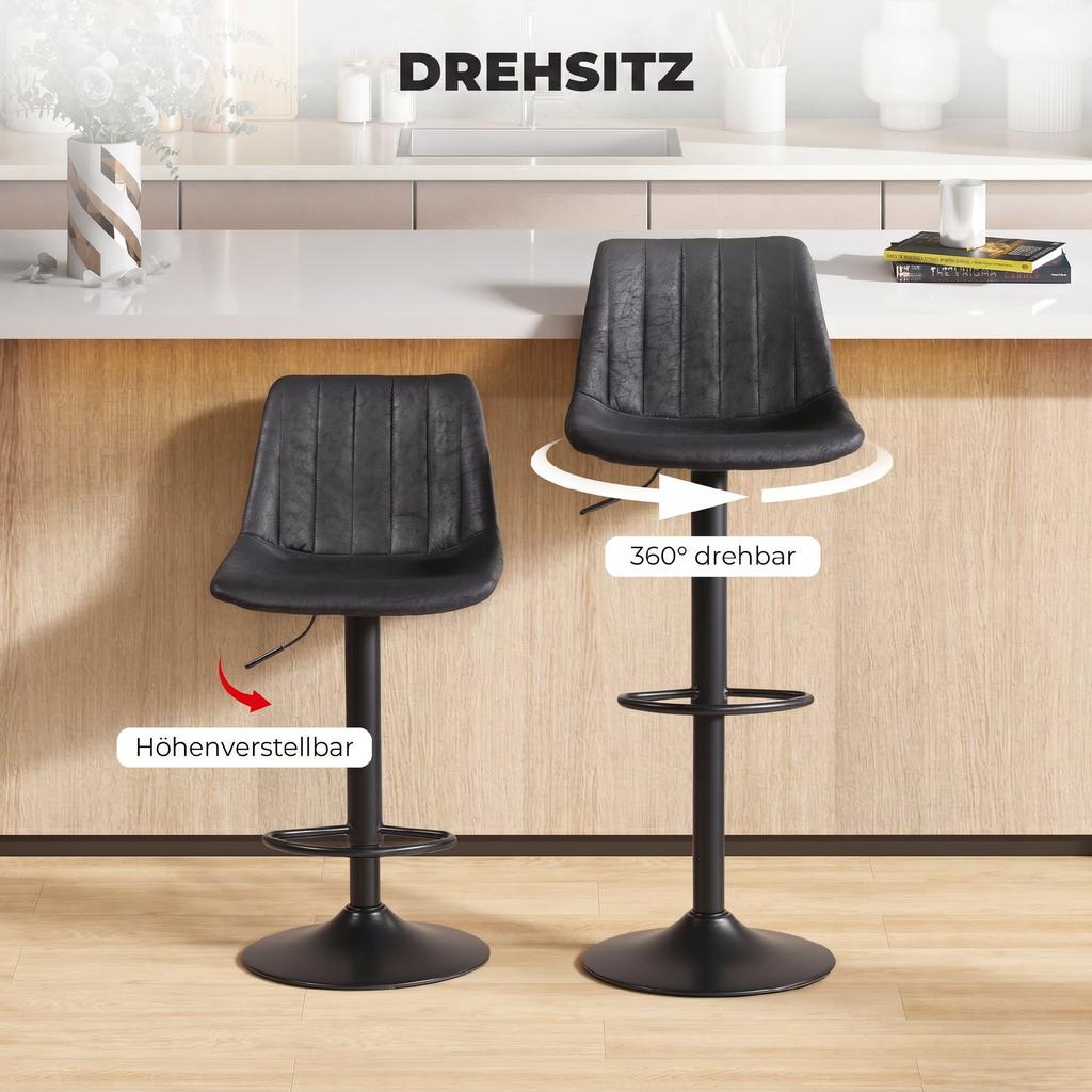 Set of 2 Bar Stools In Retro Design, Incl. Footrest, Height-Adjustable, Gas Lift, Black