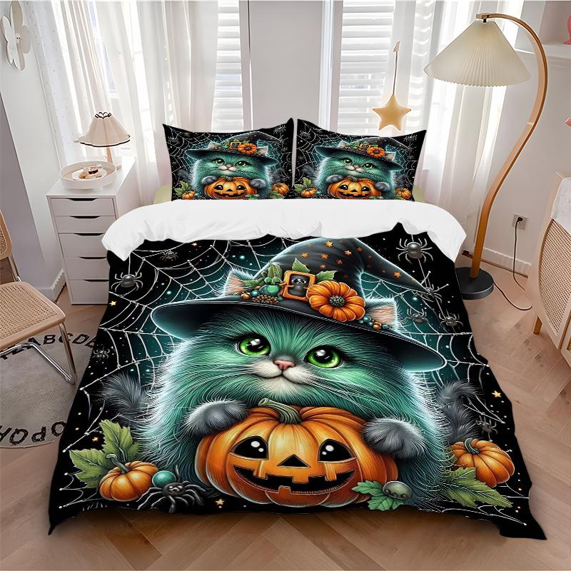 3pcs Spider Wizard Cat Pumpkin Design Pattern Bedding Three-Piece Set (1 Cover + 2 Pillowcases, No Fillings), This Printed Bedding Set Is So