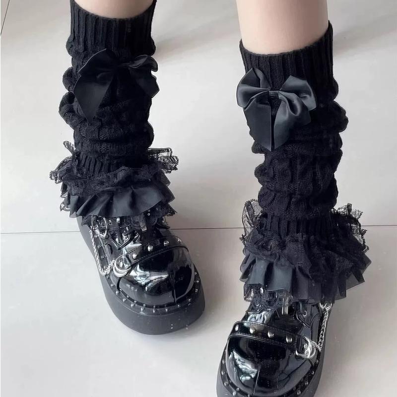 New Japanese Women Knitted Leg Warmer sweet Bow Tiered Ruffled Socks Girl Lace Lolita Socks Calf Lace Leggings Warmers Women