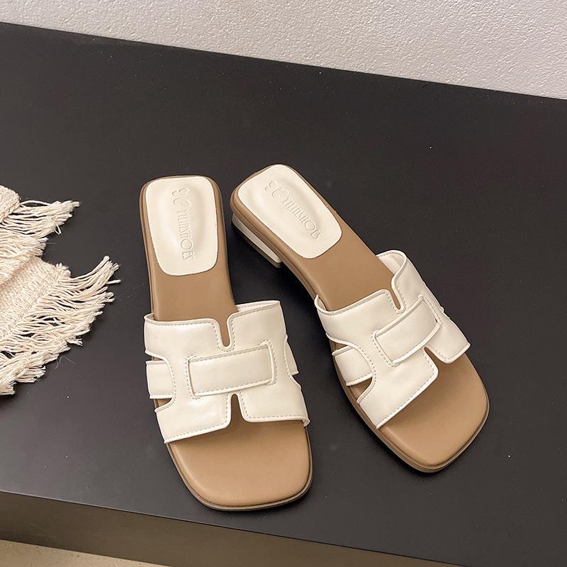 

Large size thick-heeled slippers women s summer new square head high-heeled casual fashion cool slippers women s shoes 35 бежевый