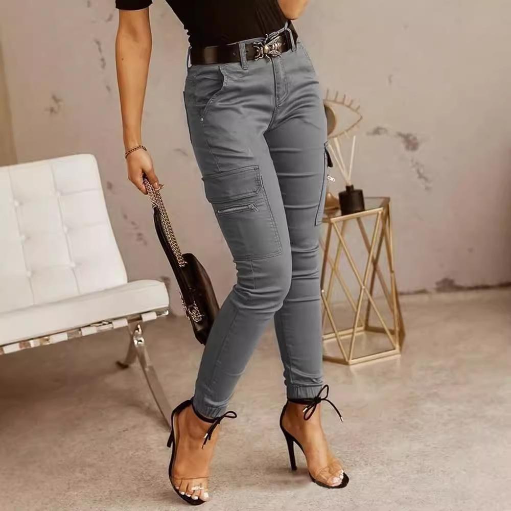 New European & American Women's Low-Waist Jogger Pants - Solid Color, Buttoned, Pocket, Skinny Fit