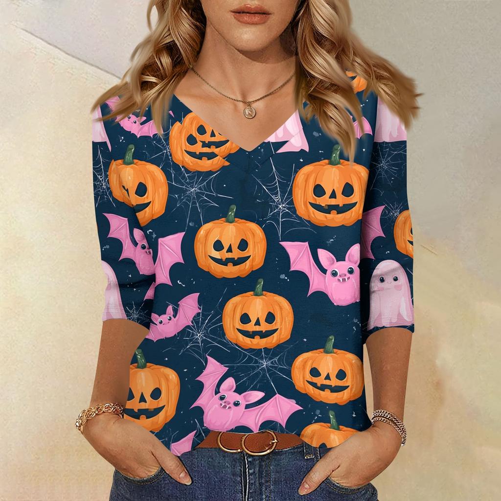Women's Casual Halloween Print V Neck Top Three Quarter Sleeve Lightweight Blouse for Fall Seasonal Wear