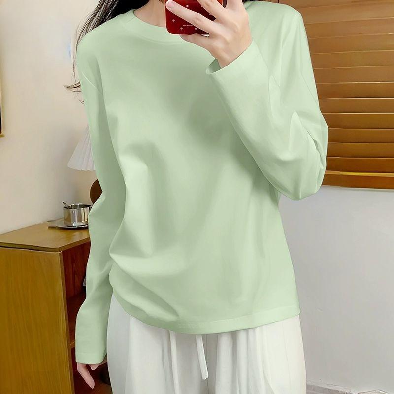 Cotton Round Neck Long Sleeve T-shirt Womens Autumn Fashion Basic White Top Loose Fit Casual Tee