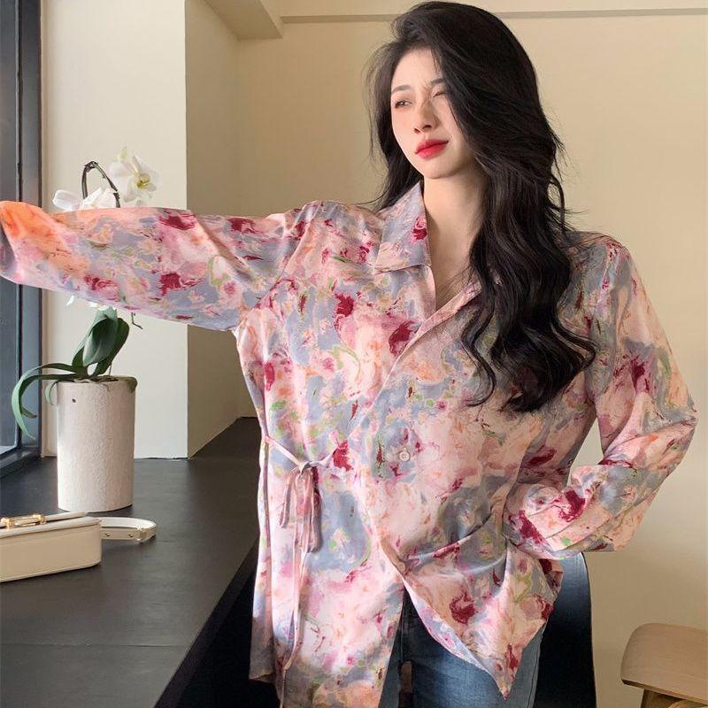 

Женская рубашка с длинными рукавами и принтом в стиле ретро, ​​новая летняя женская одежда, элитная блузка с затягивающей талией, свободный и утягивающий топ XL