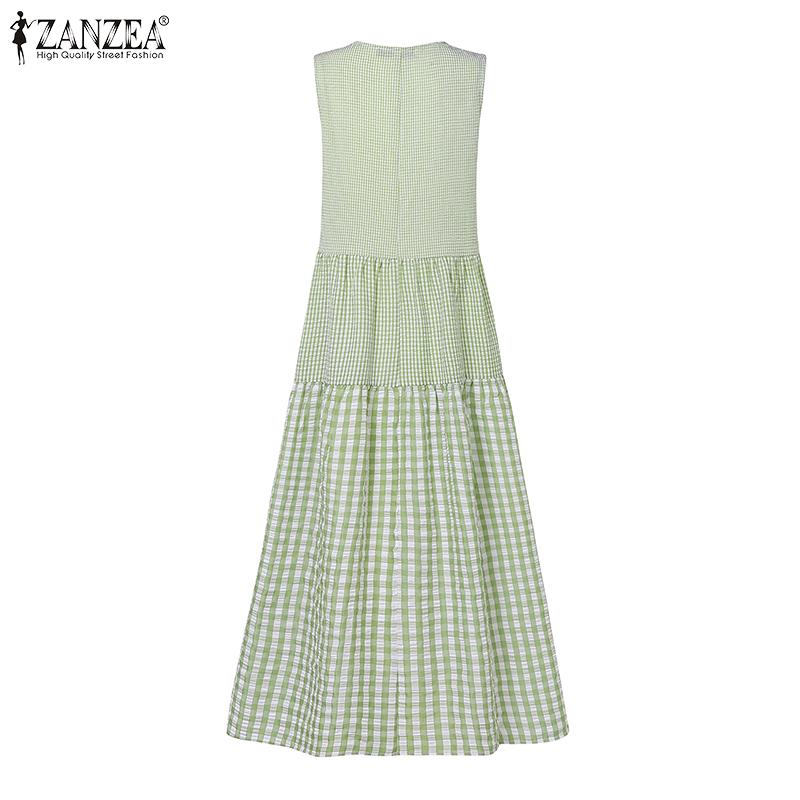 ZANZEA Women Summer Round Neck Sleeveless Grid Print Dress